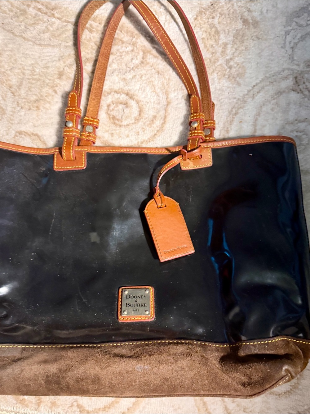 Dooney & Bourke Black Tote with Brown Suede Base and Tan Leather Trim